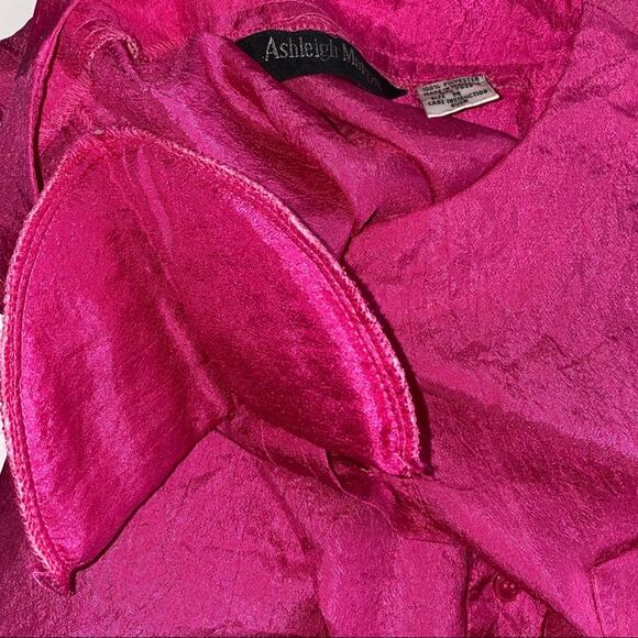 Vintage Ashleigh Morgan ‘80s Pink Crinkled Polyester Button Front Shirt Medium - Picture 5 of 8